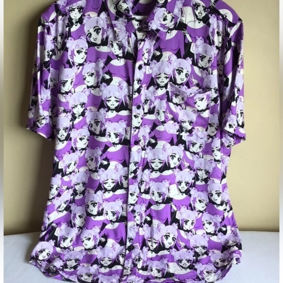 Hot Topic Tops - Womens Hot Topic Exclusive Purple Female Anime Japan Short Sleeve Collared Shirt
